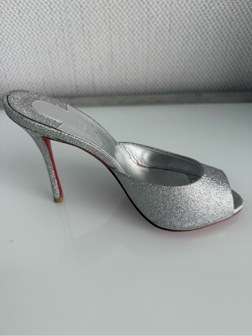 Christian Louboutin Silver Glitter Peep-Toe Mules with Red Soles - Picture 5 of 11